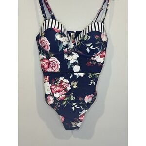 CUPSHE 1 Piece Swimsuit 1X Navy Blue Floral Padded Lined Underwire- USED